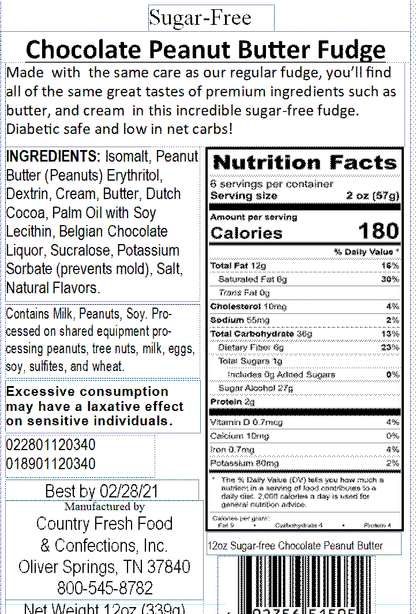 Sugar-Free Chocolate Peanut Butter Fudge ... 12oz Resealable Container